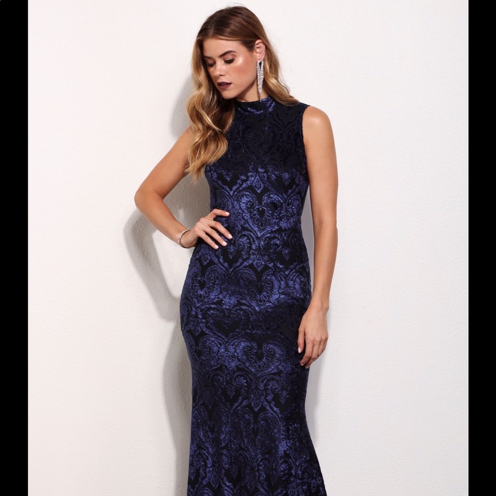 Windsor Velvet Blue Maxi Evening Dress Sheer Back